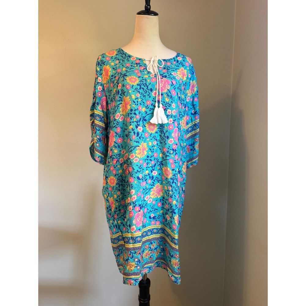Teal Floral Tassel Tie Shift Dress L Boho New whismi cottage resort festival bea